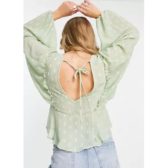 New ~ ASOS ~ Dobby Long Sleeve Blouse With Lace Up Front & Peplum Hem Size 10 - Picture 2 of 7